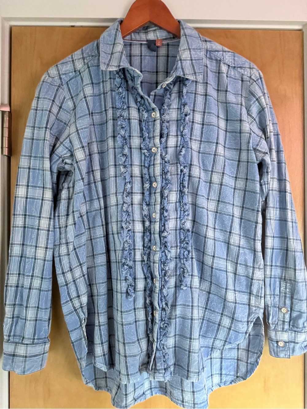 Pilcro Light Blue Plaid Ruffle-Front Button Down Shirt